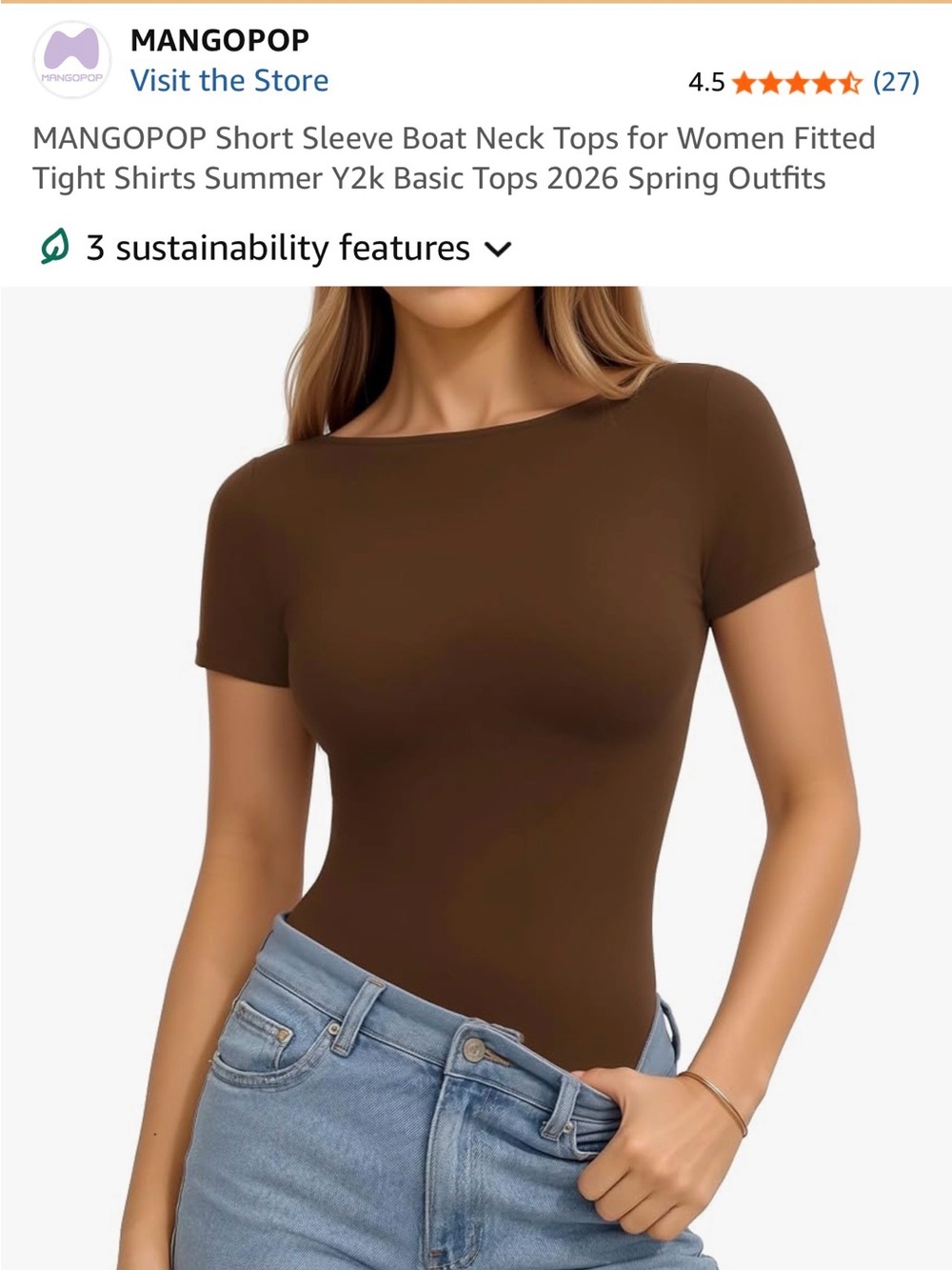 NEW w/Tags MANGOPOP Women's Short Sleeve Boat Neck Tee in Brown